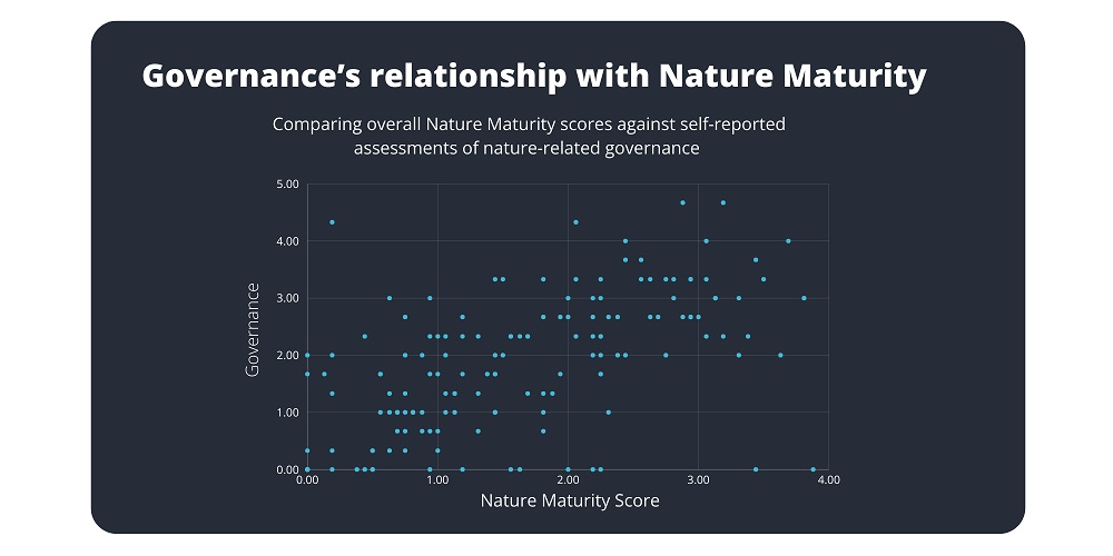 Organisations with stronger governance structures around nature tended to score higher overall for nature maturity (0.63)